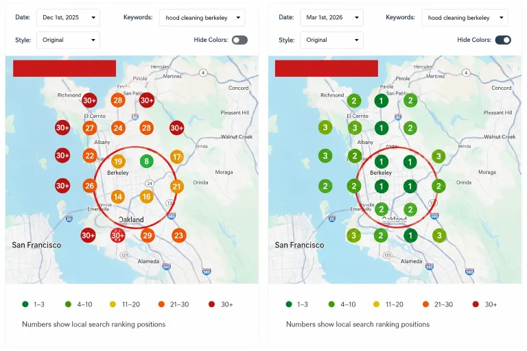 Before and after local search ranking map showing improved Google Maps rankings across Berkeley, California