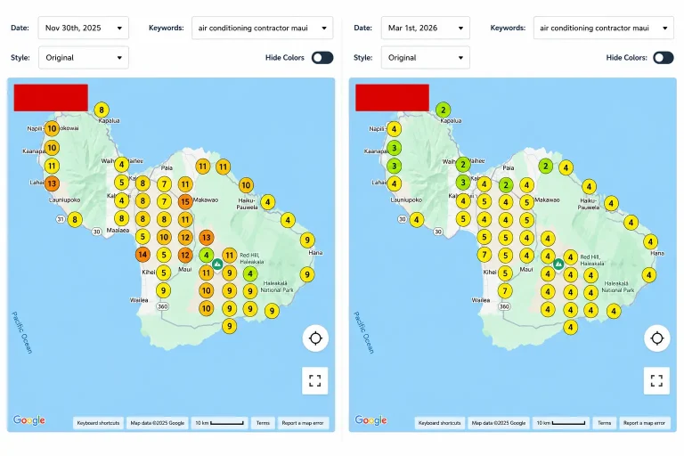 Before and after local search ranking map showing improved Google Maps rankings for air conditioning contractor Maui