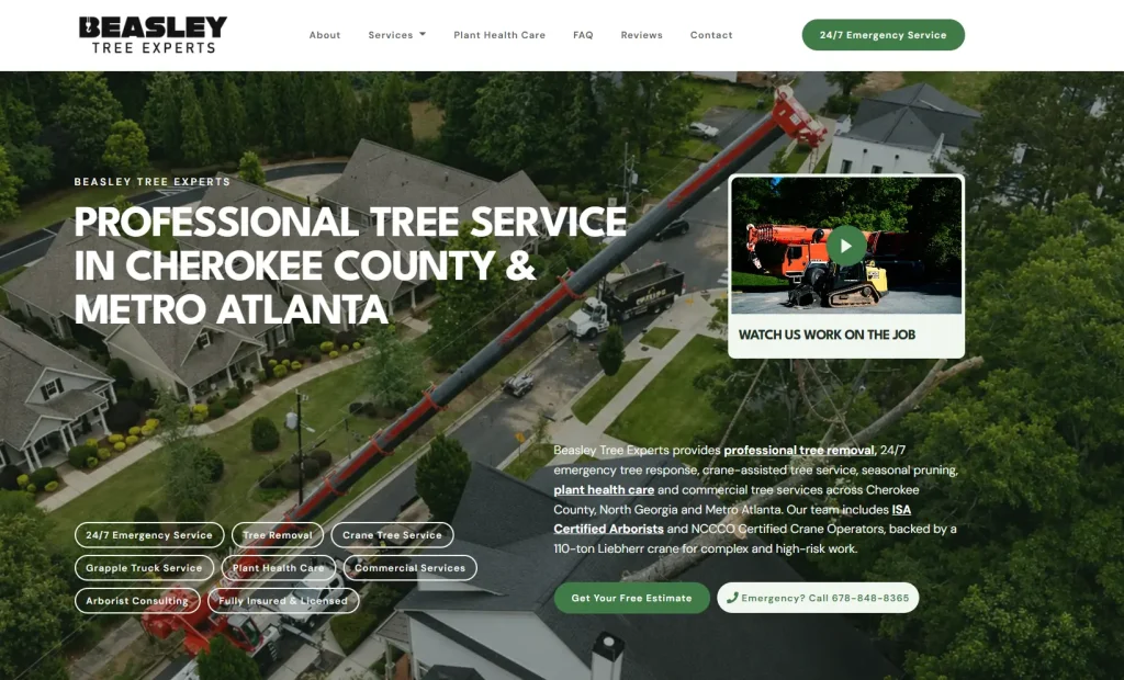 Beasley Tree Experts homepage featuring professional tree service in Cherokee County and Metro Atlanta