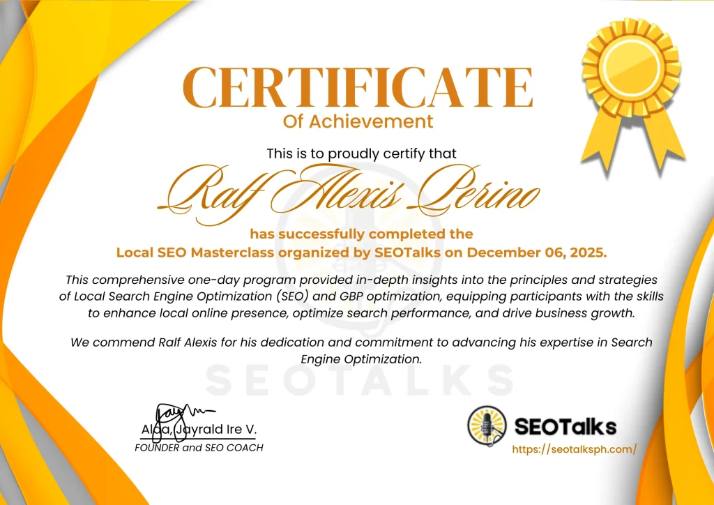 SEOTalks Local SEO Masterclass certificate of achievement awarded to Ralf Alexis Perino