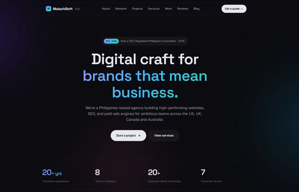 MalachiSoft homepage featuring digital services for websites, SEO, and paid advertising