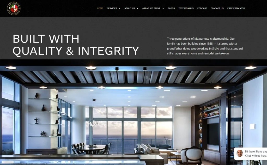 Mazzamuto Construction homepage featuring a modern luxury home interior and craftsmanship message