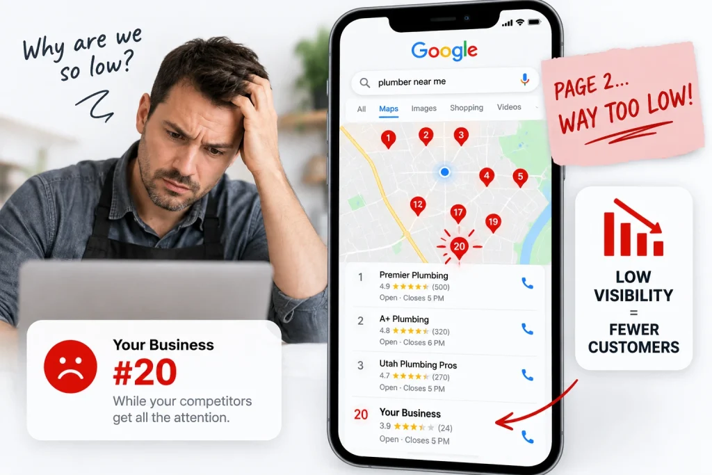 Business ranking #20 on Google Maps for “plumber near me” with low local search visibility