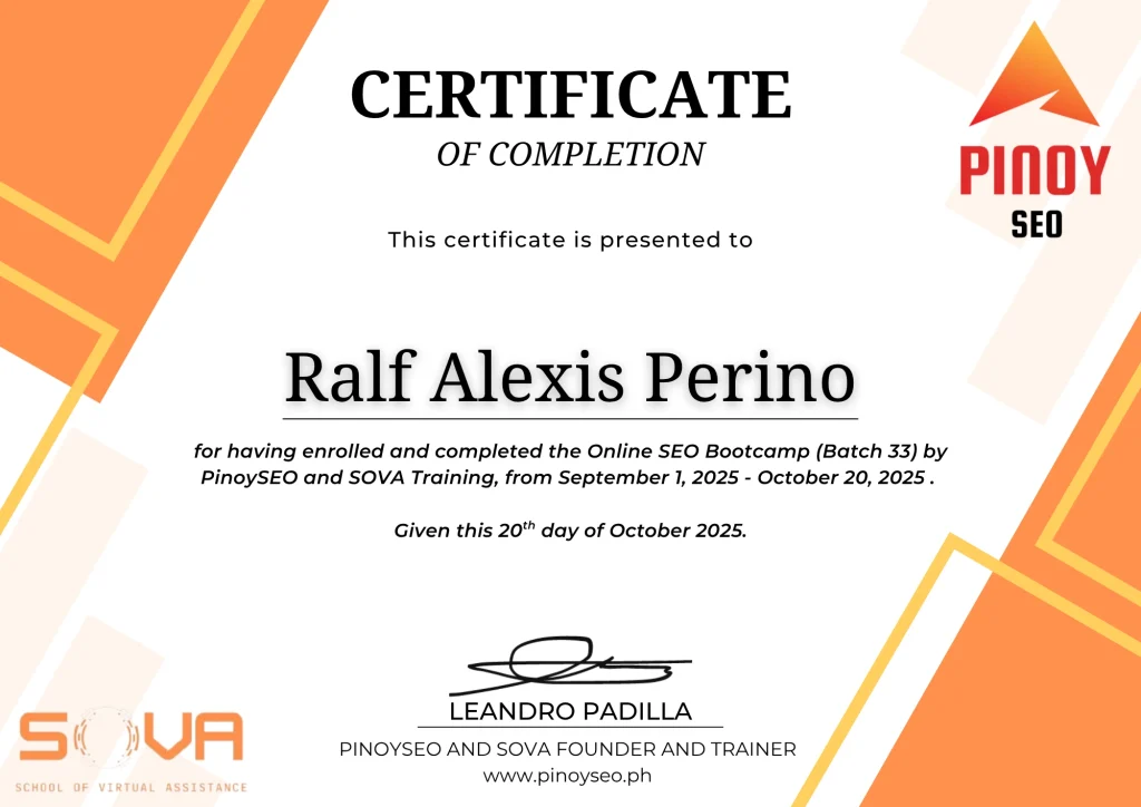 PinoySEO and SOVA Online SEO Bootcamp certificate of completion awarded to Ralf Alexis Perino