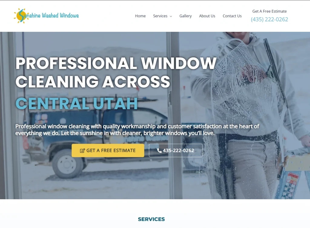 Sunshine Washed Windows homepage featuring professional window cleaning services in Central Utah