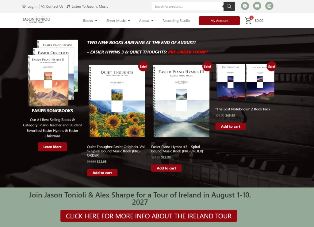Jason Tonioli Healing Piano website homepage featuring piano books and sheet music
