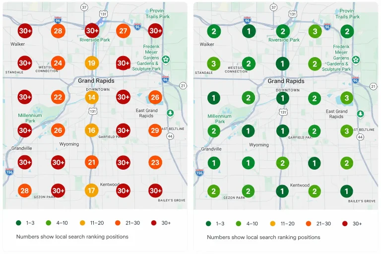 Before and after local search ranking map showing improved Google Maps rankings across Grand Rapids, Michigan